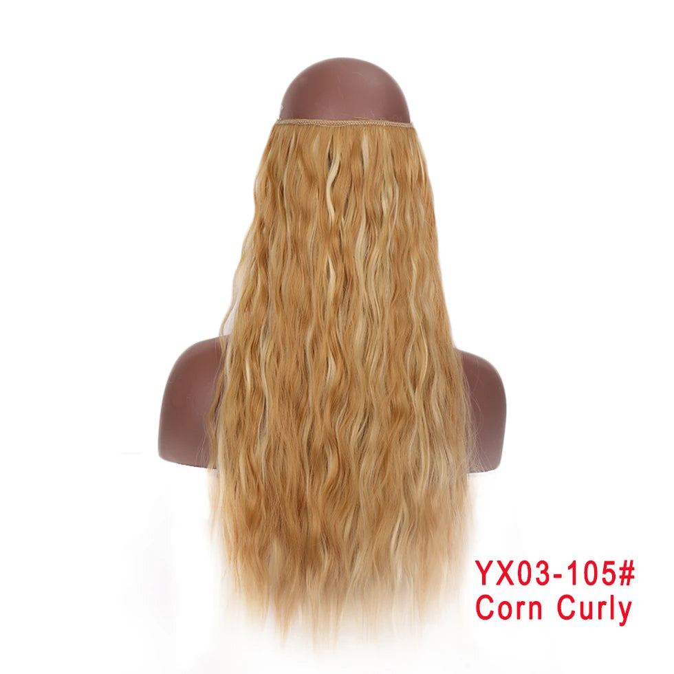 LUPU Extensiones de pelo sintético largo ondulado de 24 pulgadas, línea de pesca invisible, sin clips secretos, piezas de pelo, fibra resistente al calor