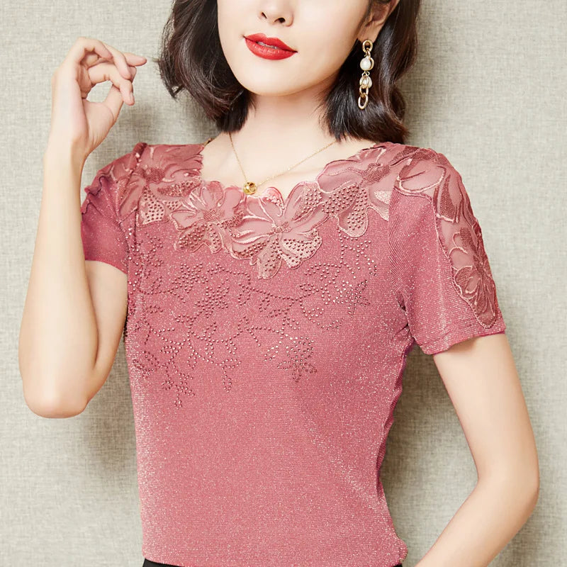 Lace Hollow Embroidery T-Shirt – Elegant & Chic