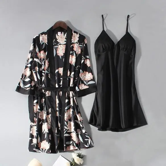 Conjunto de pijama de mujer, ropa de dormir casual, traje de bata de satén, ropa de noche para estar en casa, cuello en V, pijama suave, albornoz kimono, camisón lencería