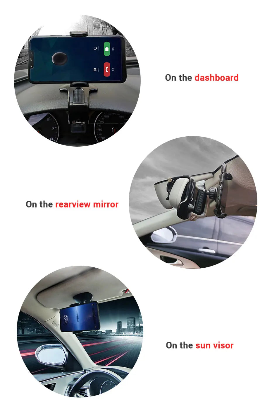 Soporte de teléfono para coche en salpicadero ABS, soporte de teléfono móvil para parasol, soporte de teléfono para espejo retrovisor de coche, accesorios de rotación de 360 grados