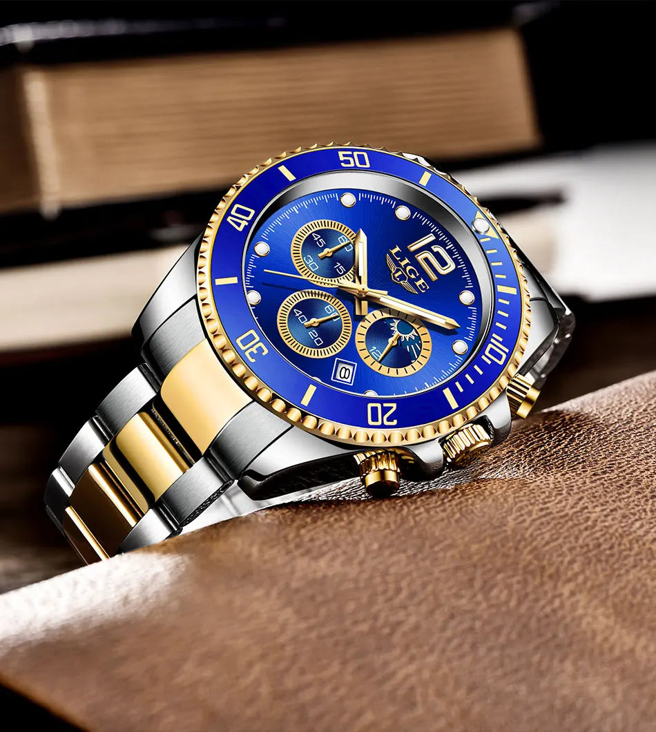 Reloj de hombre LIGE de marca superior, reloj de lujo para hombre, deportivo, resistente al agua, cronógrafo de acero inoxidable, reloj de pulsera de cuarzo, Relogio Masculino+Caja