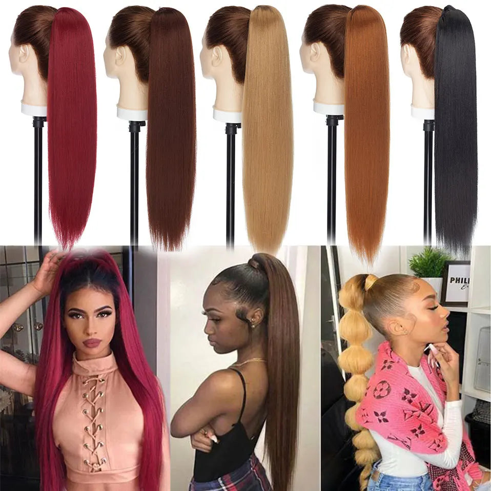 S-noilite Synthétique 22 pouces Afro Yaki Raide Queue de Cheval Pince à Cheveux Postiche avec Cordon de Serrage pour Femmes