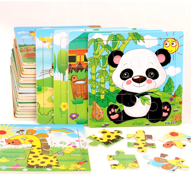 Oferta Caliente 12/9 PIEZAS Puzles de Madera para Niños Bebés, de Dibujos Animados, Vehículos Animales, Juguetes Educativos de Aprendizaje para Niños, Regalo