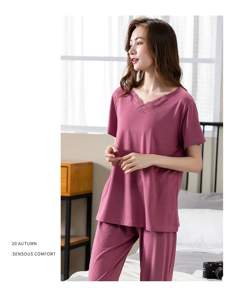 Conjuntos de Pijama para Mujer de Algodón Modal Pijamas Mujer Ropa de Dormir Dama Manga Corta Verano Ropa de Noche de Encaje para Mujer Conjuntos de 2 Piezas Ropa de Hogar XXXL