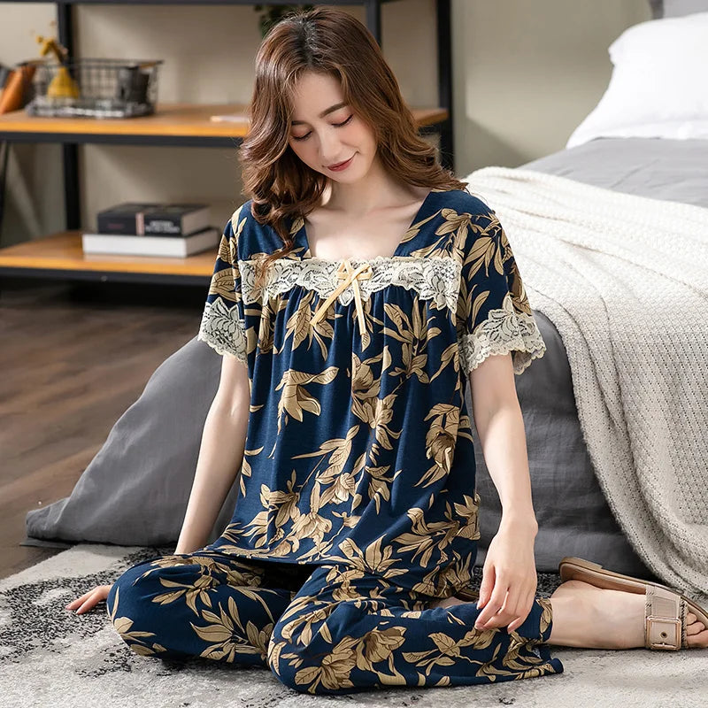 Conjuntos de Pijama para Mujer de Algodón Modal Pijamas Mujer Ropa de Dormir Dama Manga Corta Verano Ropa de Noche de Encaje para Mujer Conjuntos de 2 Piezas Ropa de Hogar XXXL