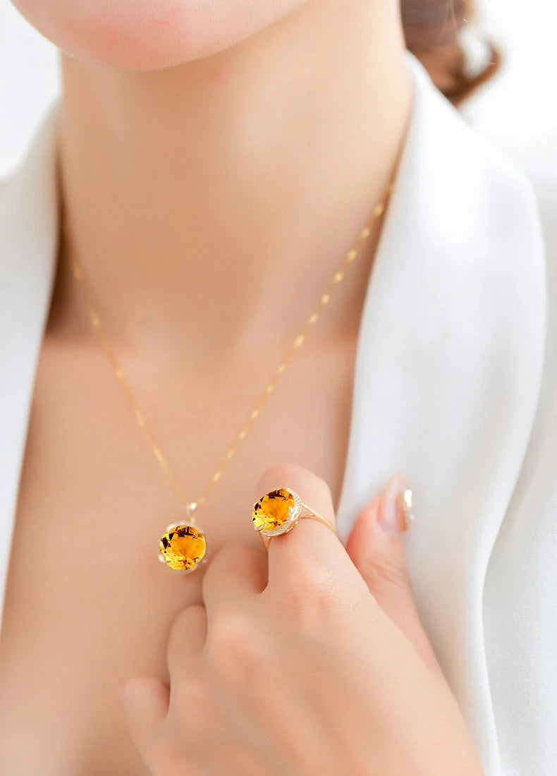 JoiasHome Conjuntos de joyas con dijes para mujer, moda, anillo de cristal amarillo, pendientes, collar, fiesta femenina, joyería de plata 925 al por mayor