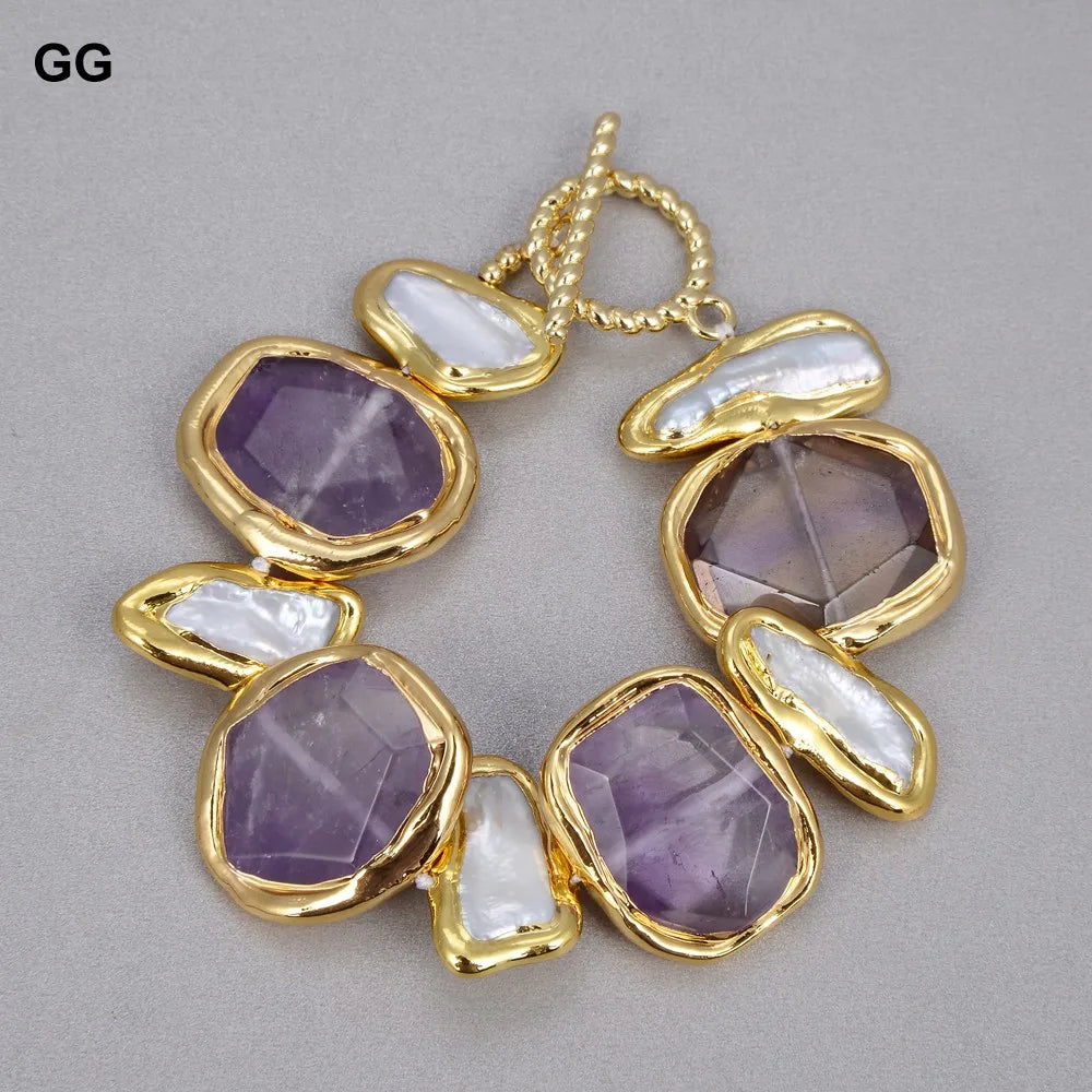 GuaiGuai Jewelry Perla Biwa Blanca Natural de Agua Dulce Pepita Verde Ametistas Chapado en Oro Colgante Collar Pulsera Pendientes Conjuntos