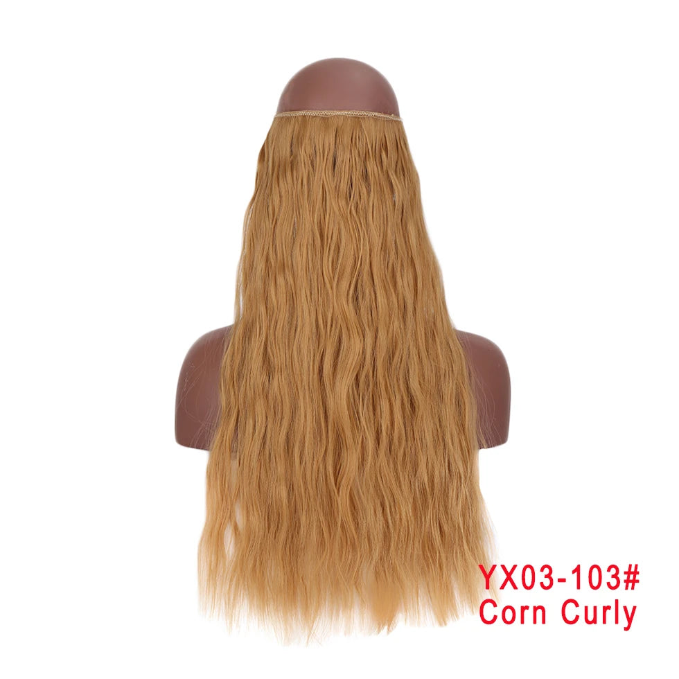 LUPU Extensiones de pelo sintético largo ondulado de 24 pulgadas, línea de pesca invisible, sin clips secretos, piezas de pelo, fibra resistente al calor
