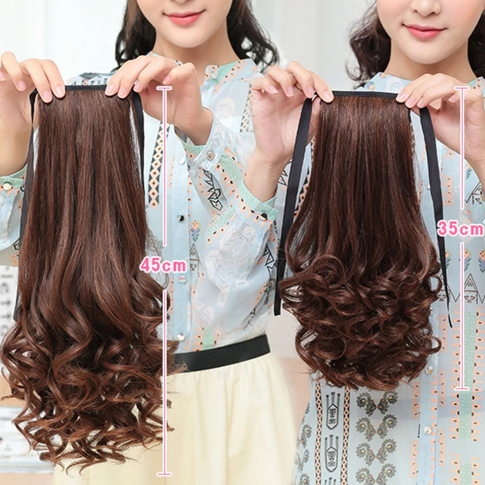 Extensiones de cabello sintético resistente al calor Allaosify marrón negro extensiones de cola de caballo con cordón de 12 pulgadas.