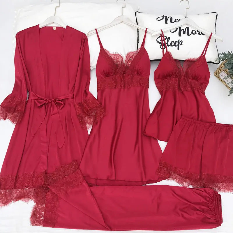 Pijama de cinco piezas para mujer, ropa de dormir para primavera y verano, camisón, bata de baño sexy de encaje, bata de satén de seda suelta para el hogar, ropa de estar en casa