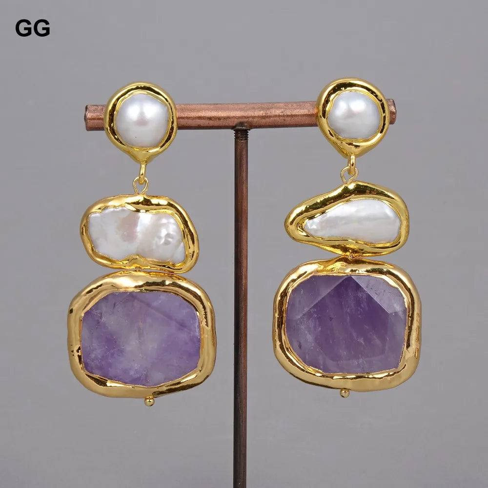 GuaiGuai Jewelry Perla Biwa Blanca Natural de Agua Dulce Pepita Verde Ametistas Chapado en Oro Colgante Collar Pulsera Pendientes Conjuntos