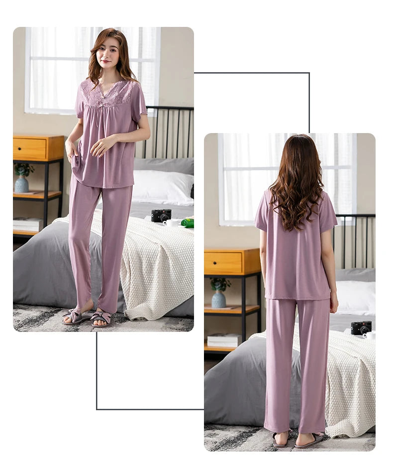 Conjuntos de Pijama para Mujer de Algodón Modal Pijamas Mujer Ropa de Dormir Dama Manga Corta Verano Ropa de Noche de Encaje para Mujer Conjuntos de 2 Piezas Ropa de Hogar XXXL