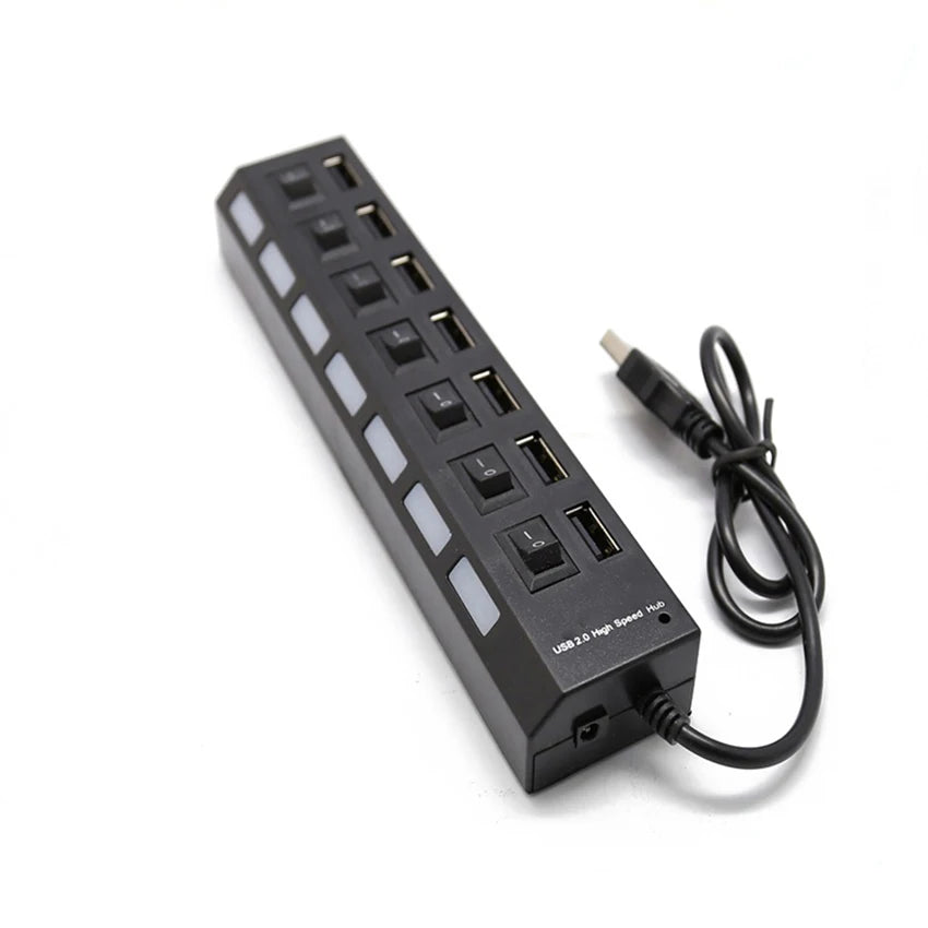 Concentrador USB 2.0 Splitter, Hub de datos USB de 7 puertos con interruptores individuales de encendido/apagado y luces para computadora portátil, PC, computadora, negro, blanco