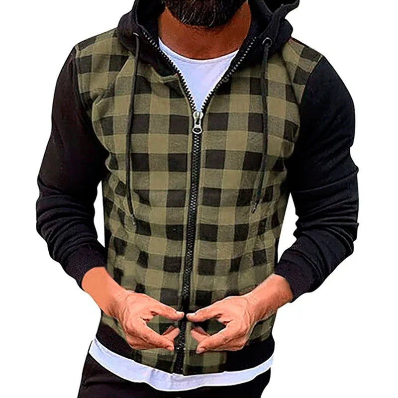 Chaquetas para hombre 2025Nueva cazadora bomber informal ajustada a cuadros para hombre, chaqueta de otoño-invierno con cremallera de manga larga, cárdigan con capucha y cortavientos para hombre