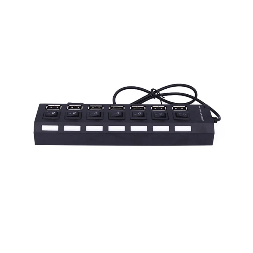 Concentrador USB 2.0 Splitter, Hub de datos USB de 7 puertos con interruptores individuales de encendido/apagado y luces para computadora portátil, PC, computadora, negro, blanco