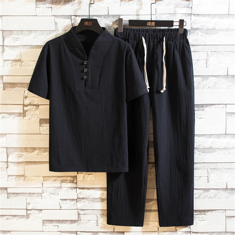 (Camisa + pantalón) camisa de verano para hombre, camisas de algodón y lino para hombre, camisas casuales de manga corta para hombre, un conjunto de ropa M-5XL