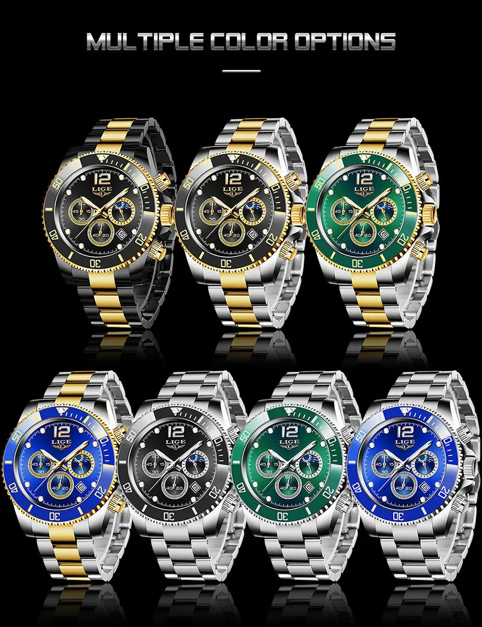 Reloj de hombre LIGE de marca superior, reloj de lujo para hombre, deportivo, resistente al agua, cronógrafo de acero inoxidable, reloj de pulsera de cuarzo, Relogio Masculino+Caja