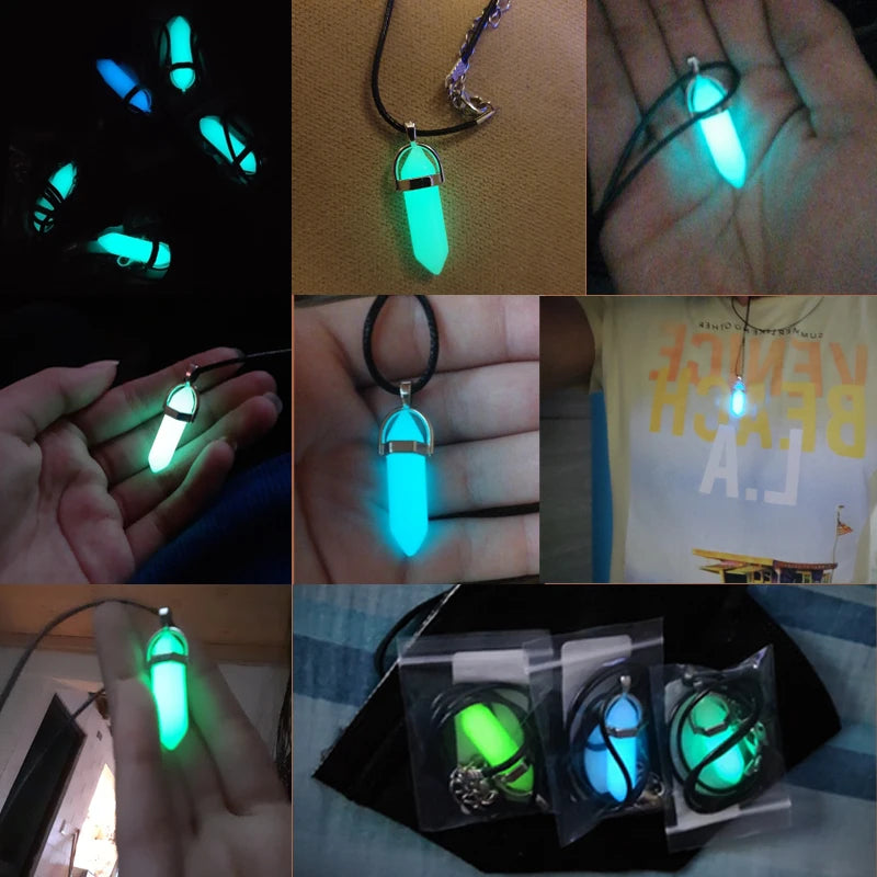 Dark Luminous Stone Fluorescent Hexagonal Column Necklace Natural Crystal Glowing in Bullet Pendant Leather Fashion Jewelry Gift
