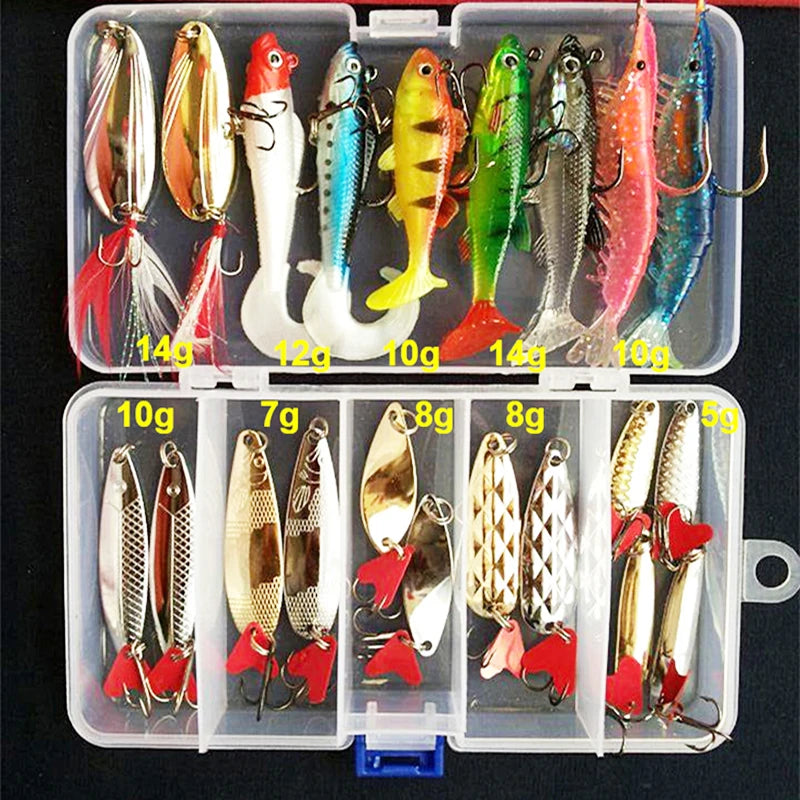 Juego de kits de señuelos de pesca, señuelos artificiales duros, plantillas de metal, cucharas, señuelos blandos, cebo de pesca de silicona, accesorios de aparejos de pesca, Pesca