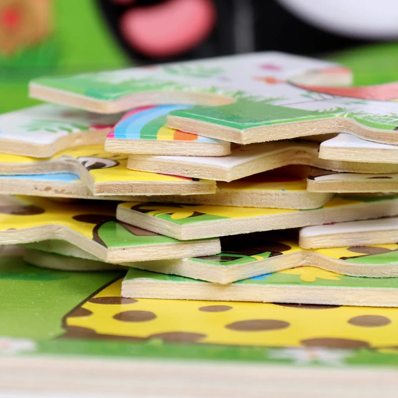 Oferta Caliente 12/9 PIEZAS Puzles de Madera para Niños Bebés, de Dibujos Animados, Vehículos Animales, Juguetes Educativos de Aprendizaje para Niños, Regalo