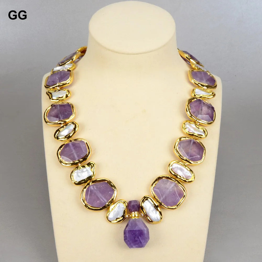GuaiGuai Jewelry Perla Biwa Blanca Natural de Agua Dulce Pepita Verde Ametistas Chapado en Oro Colgante Collar Pulsera Pendientes Conjuntos