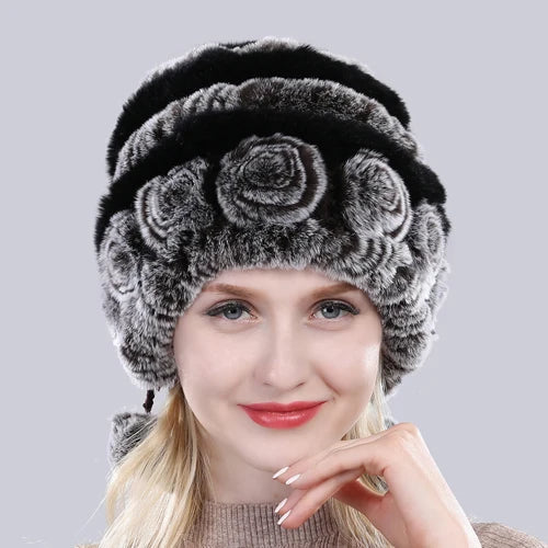 Hot Sale Winter Women Flowers Striped Natural Real Rex Rabbit Fur Hats Lady Warm Knit Genuine Fur Caps Russian Outdoor Fur Hats