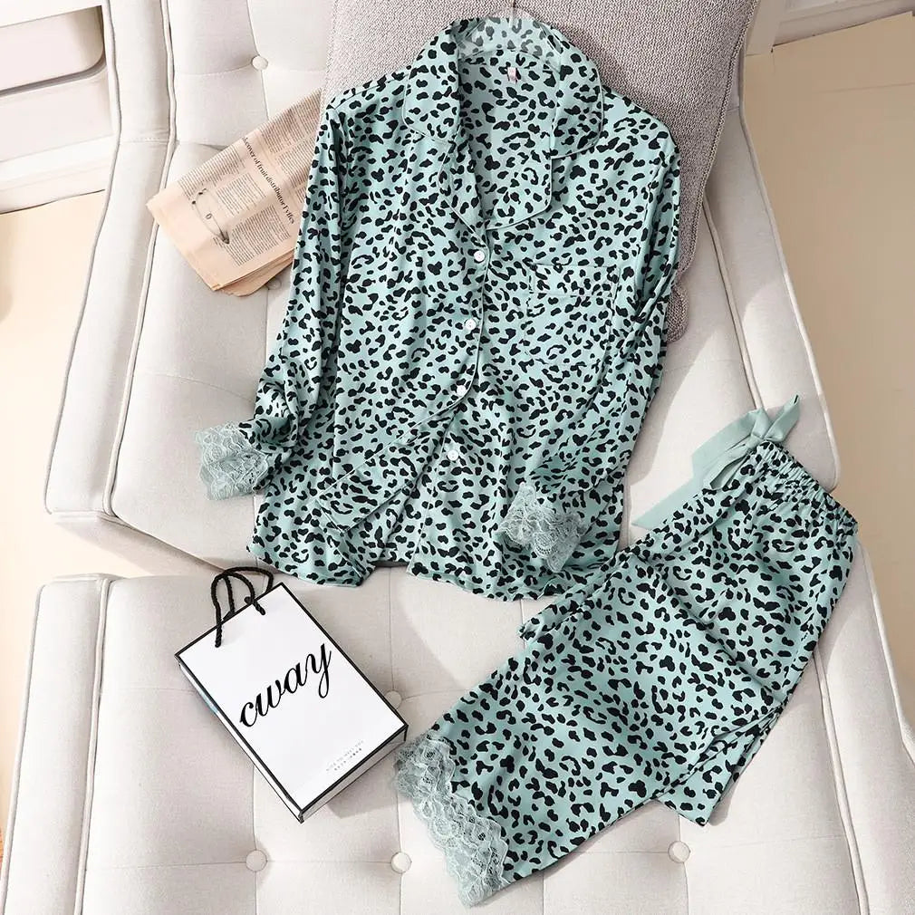 Conjunto de pijama de satén sedoso para mujer, manga larga, ropa de dormir casual, loungewear, rayón, 2 piezas para el hogar