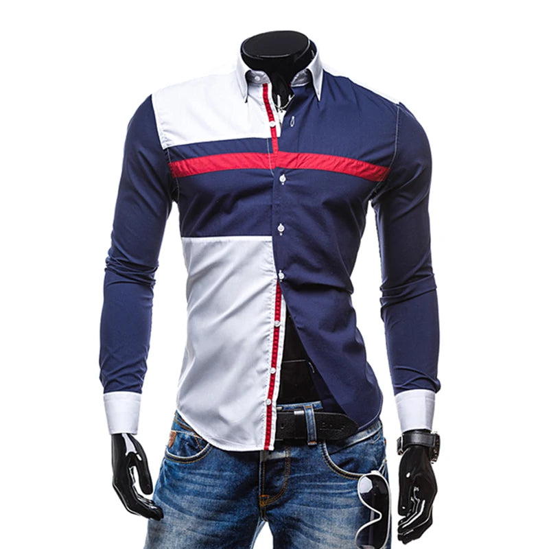 Men Long Sleeve Shirt Spring Striped Shirts Slim Fit Male Casual Social Patchwork Shirt Turn-down Collar Camisa Masculina