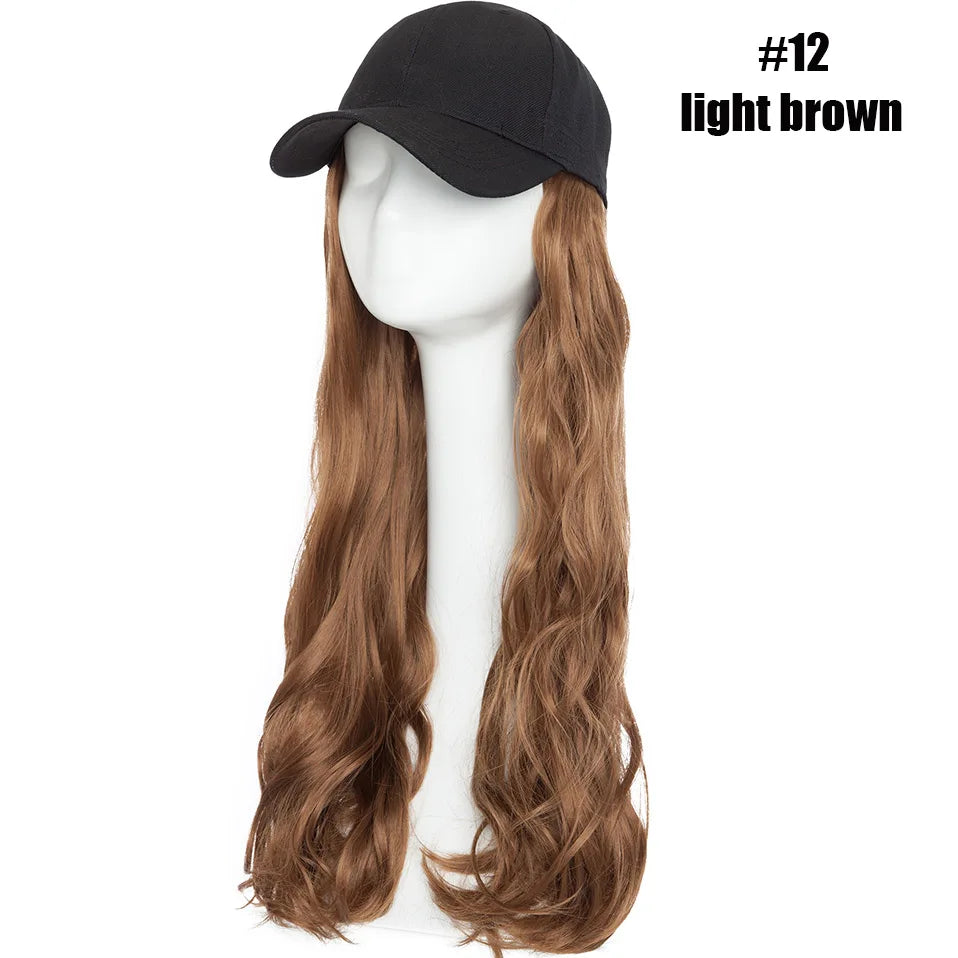 BENEHAIR Casquette de baseball synthétique avec cheveux longs ondulés Perruque chapeau faux cheveux Rallonges de cheveux Chapeau avec cheveux Perruque naturelle pour femmes