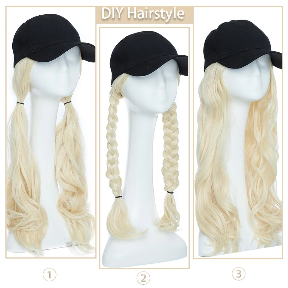 BENEHAIR Casquette de baseball synthétique avec cheveux longs ondulés Perruque chapeau faux cheveux Rallonges de cheveux Chapeau avec cheveux Perruque naturelle pour femmes