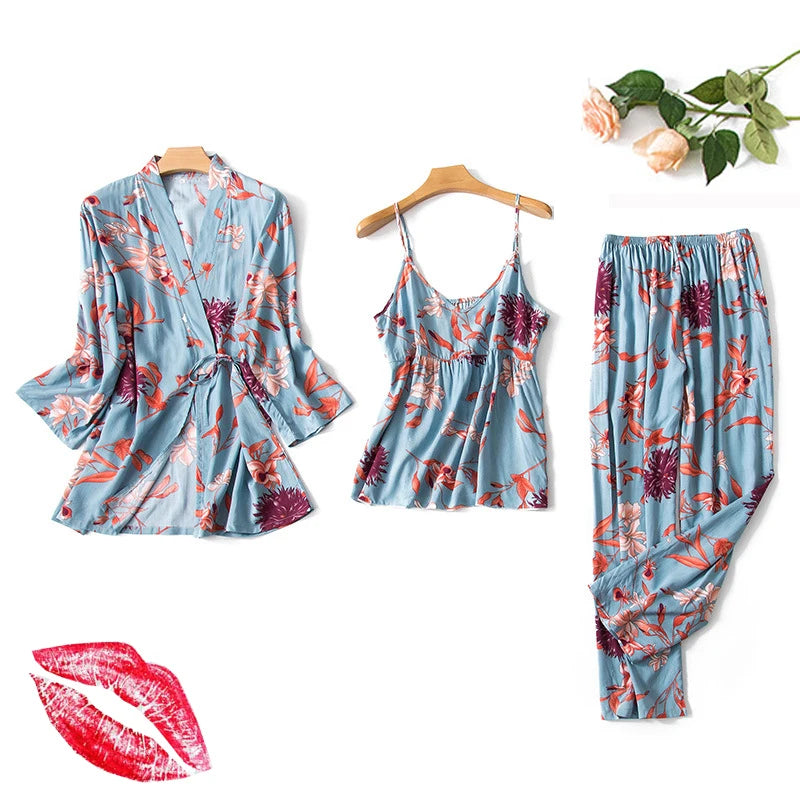 Ensemble pyjama sexy 3 pièces pour femme, imprimé floral, tenue de nuit pour la maison, printemps-été