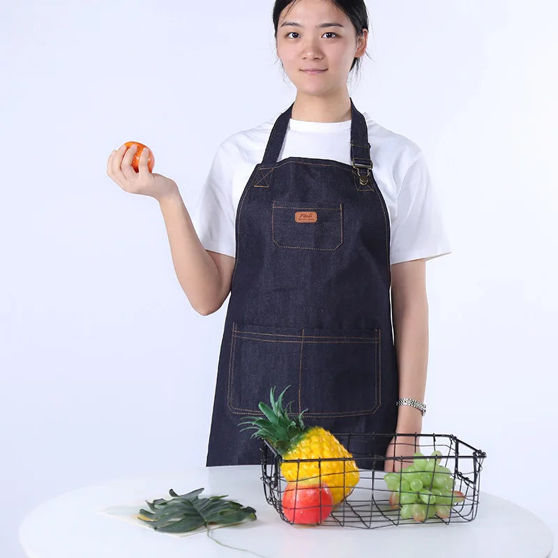Tablier de cuisine unisexe en denim réglable pour homme et femme avec poche pour chef, cuisine, pâtisserie, nettoyage de la maison