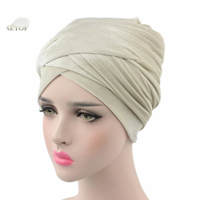 Solid Color Velvet Hijab Turban Caps for Women Muslim Head Scarf Hat Long Tail African Wraps Cap Islamic Under Scarf Bonnet