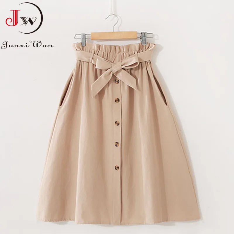 Falda Midi de Verano para Mujer, Elegante Falda Sólida de Cintura Alta para Niñas, Primavera Casual, Abotonada con Lazos, Oficina, Falda de Algodón Acampanada para Dama