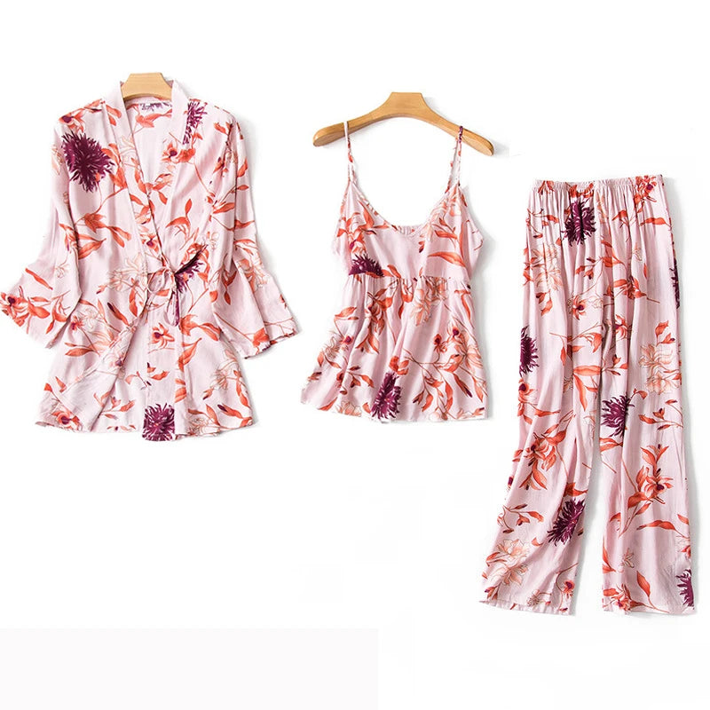 Ensemble pyjama sexy 3 pièces pour femme, imprimé floral, tenue de nuit pour la maison, printemps-été