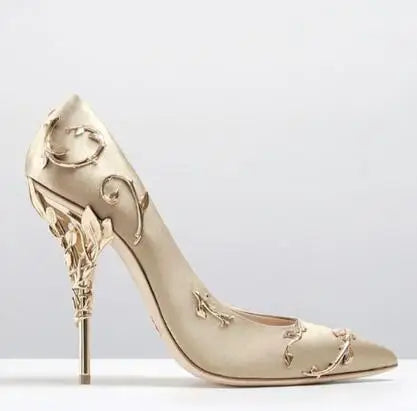 Luksuriøse Blader Metall Hæl Pumps Damesko Spiss Tå Blå Hvit Rosa Svart Silke Stilett Høye Hæler Bryllupsbrudesko 10cm