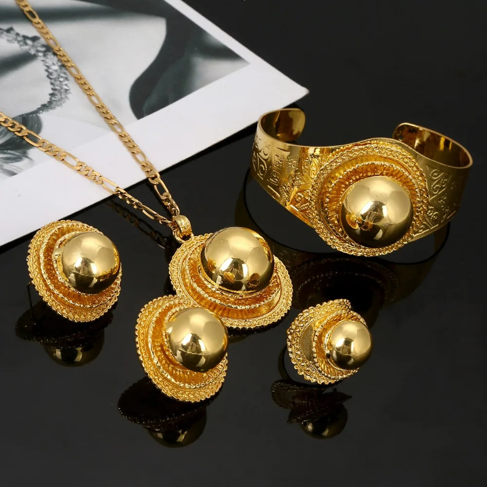 Nuevos Conjuntos de Joyería de Boda Etíopes, Collares, Pulsera, Pendientes, Anillo, Color Dorado, Joyas Habesha, Regalos Eritreos