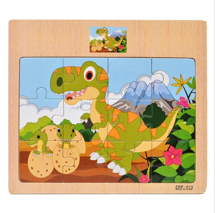 Oferta Caliente 12/9 PIEZAS Puzles de Madera para Niños Bebés, de Dibujos Animados, Vehículos Animales, Juguetes Educativos de Aprendizaje para Niños, Regalo