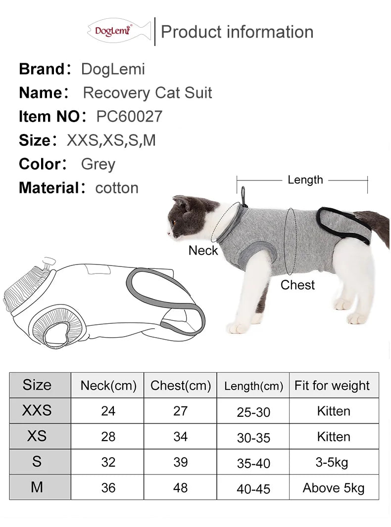 Anti-slikking klær for katter, steriliseringsklær for katter, kastrering, kirurgi, restitusjonsdrakt for katter, avvenning, pustende valpevest med ripebeskyttelse