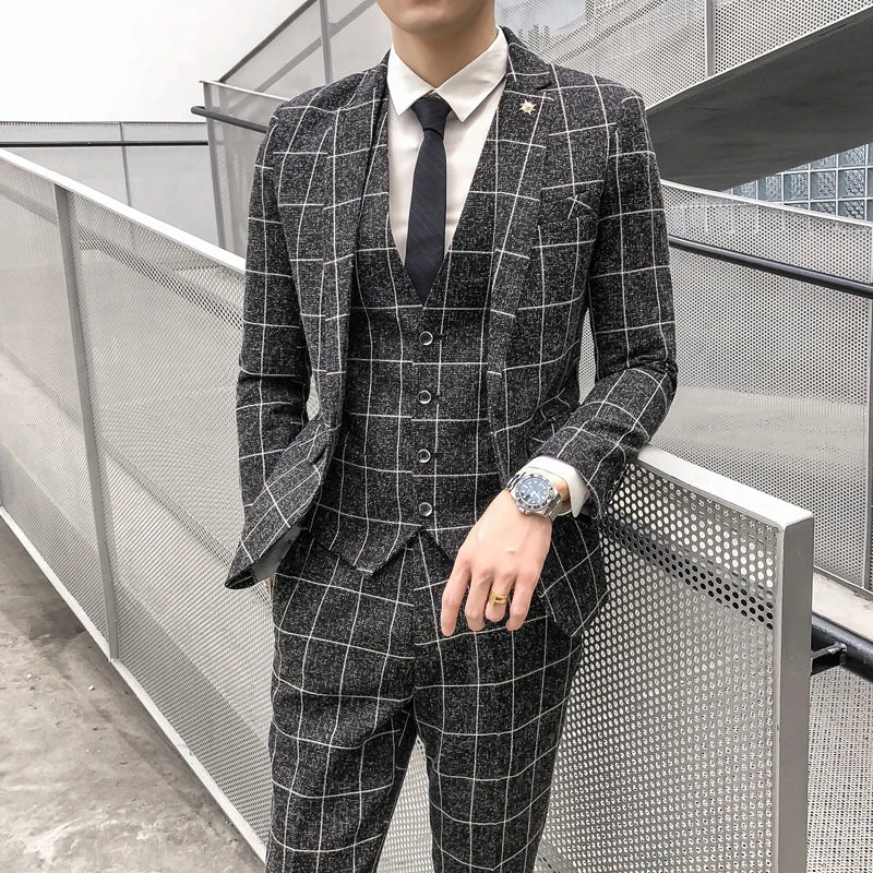 (Chaqueta + Chaleco + Pantalones) Traje de Negocios Formal a Cuadros de Boutique de Moda Masculina Traje de Boda Delgado a Cuadros para Hombre Beige Gris Negro Azul