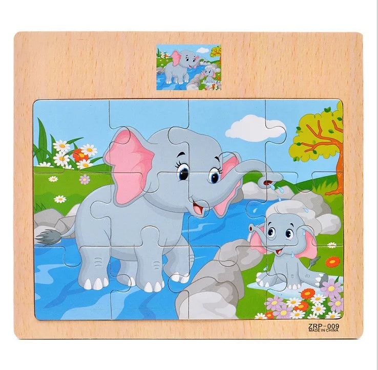 Oferta Caliente 12/9 PIEZAS Puzles de Madera para Niños Bebés, de Dibujos Animados, Vehículos Animales, Juguetes Educativos de Aprendizaje para Niños, Regalo