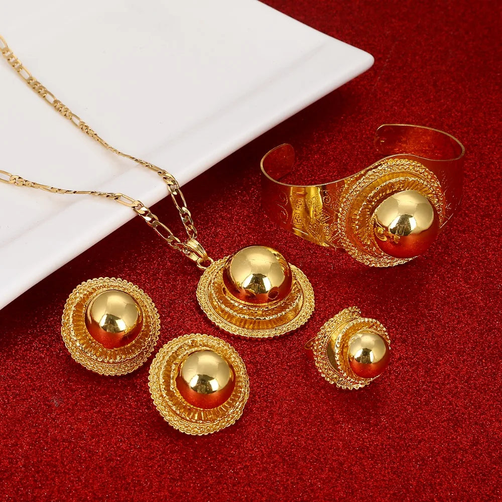 Nuevos Conjuntos de Joyería de Boda Etíopes, Collares, Pulsera, Pendientes, Anillo, Color Dorado, Joyas Habesha, Regalos Eritreos