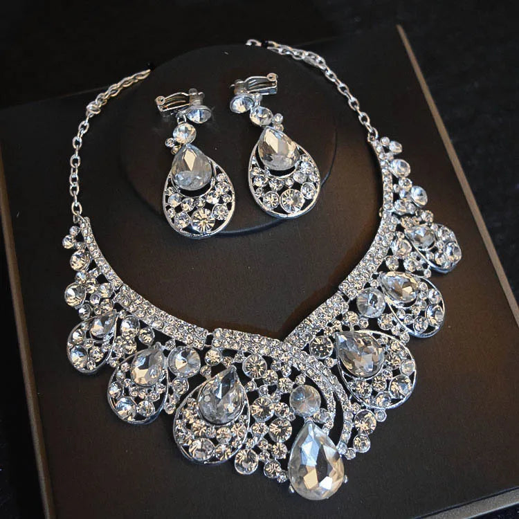 Luxury Big Rhinestone Bridal Jewelry Sets Silver Plated Crystal Crown Tiaras Choker Necklace Earrings Sets Wedding Accessories