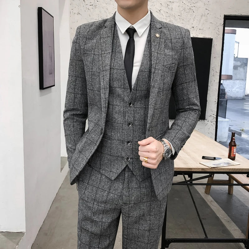 (Chaqueta + Chaleco + Pantalones) Traje de Negocios Formal a Cuadros de Boutique de Moda Masculina Traje de Boda Delgado a Cuadros para Hombre Beige Gris Negro Azul