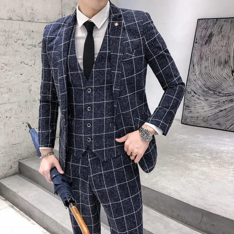 (Chaqueta + Chaleco + Pantalones) Traje de Negocios Formal a Cuadros de Boutique de Moda Masculina Traje de Boda Delgado a Cuadros para Hombre Beige Gris Negro Azul