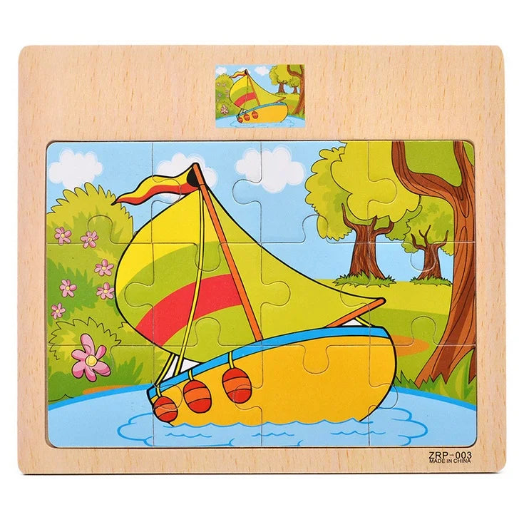Oferta Caliente 12/9 PIEZAS Puzles de Madera para Niños Bebés, de Dibujos Animados, Vehículos Animales, Juguetes Educativos de Aprendizaje para Niños, Regalo