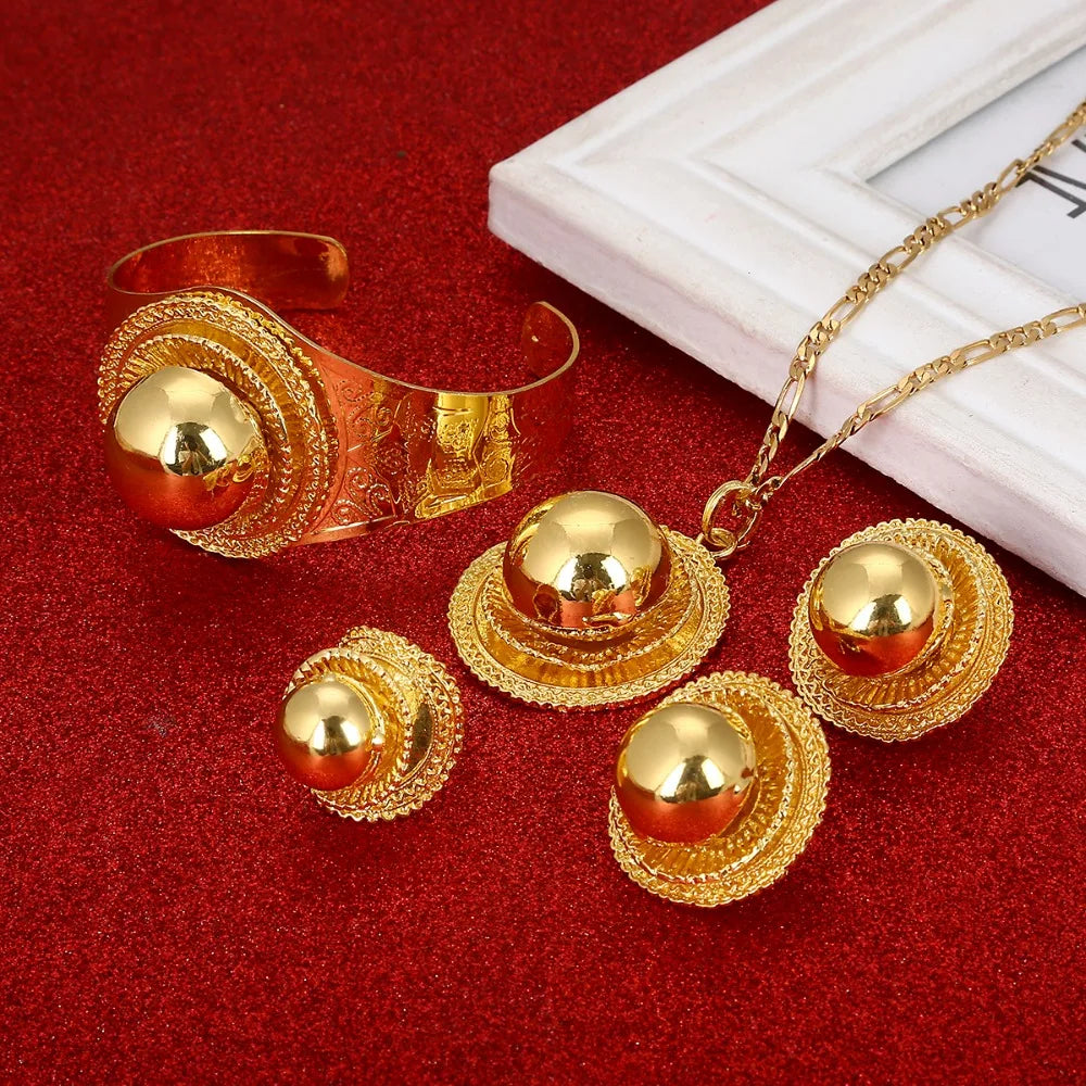 Nuevos Conjuntos de Joyería de Boda Etíopes, Collares, Pulsera, Pendientes, Anillo, Color Dorado, Joyas Habesha, Regalos Eritreos