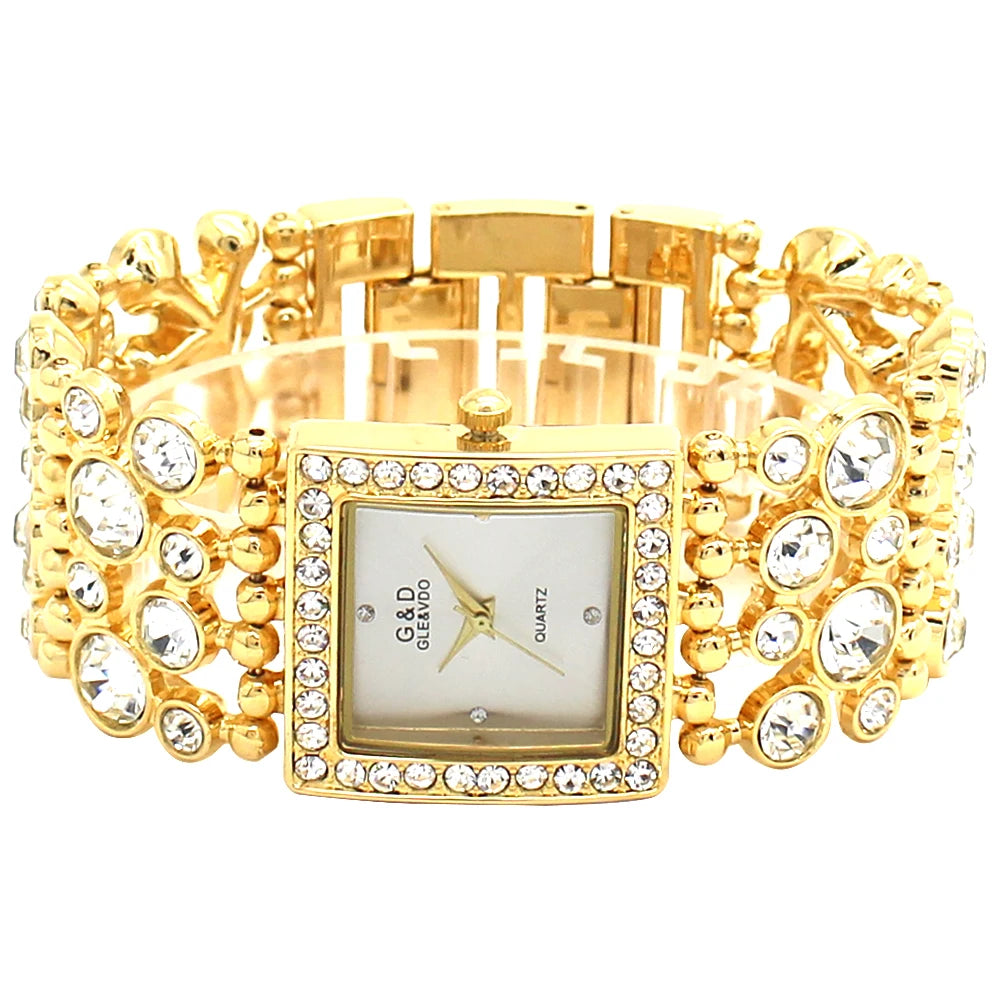 Reloj de mujer G&D cuadrado, analógico de cuarzo, Vogue, reloj femenino de lujo, pulsera dorada con diamantes de cristal, reloj de pulsera para bodas y vestidos de noche