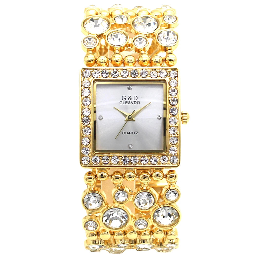 Reloj de mujer G&D cuadrado, analógico de cuarzo, Vogue, reloj femenino de lujo, pulsera dorada con diamantes de cristal, reloj de pulsera para bodas y vestidos de noche