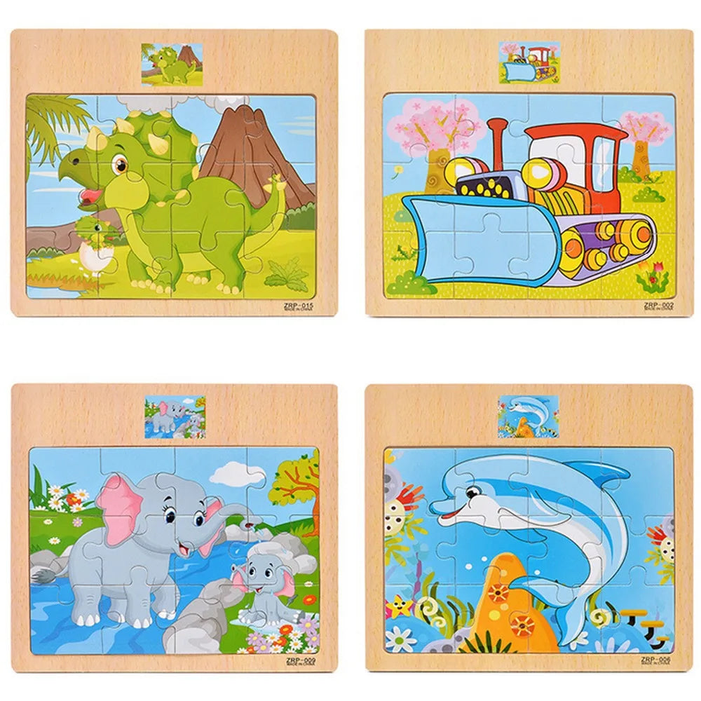 Oferta Caliente 12/9 PIEZAS Puzles de Madera para Niños Bebés, de Dibujos Animados, Vehículos Animales, Juguetes Educativos de Aprendizaje para Niños, Regalo
